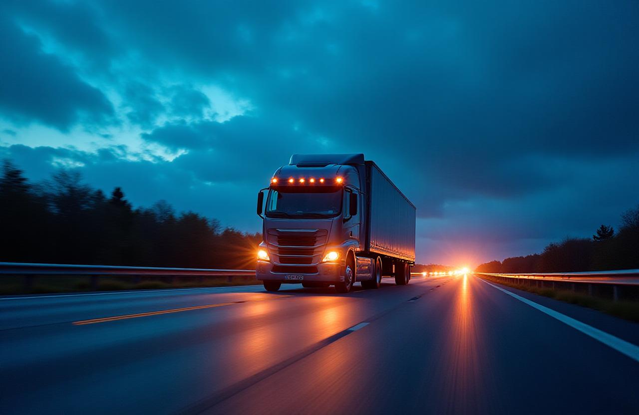 Modern logistics truck on a Michigan highway at dusk